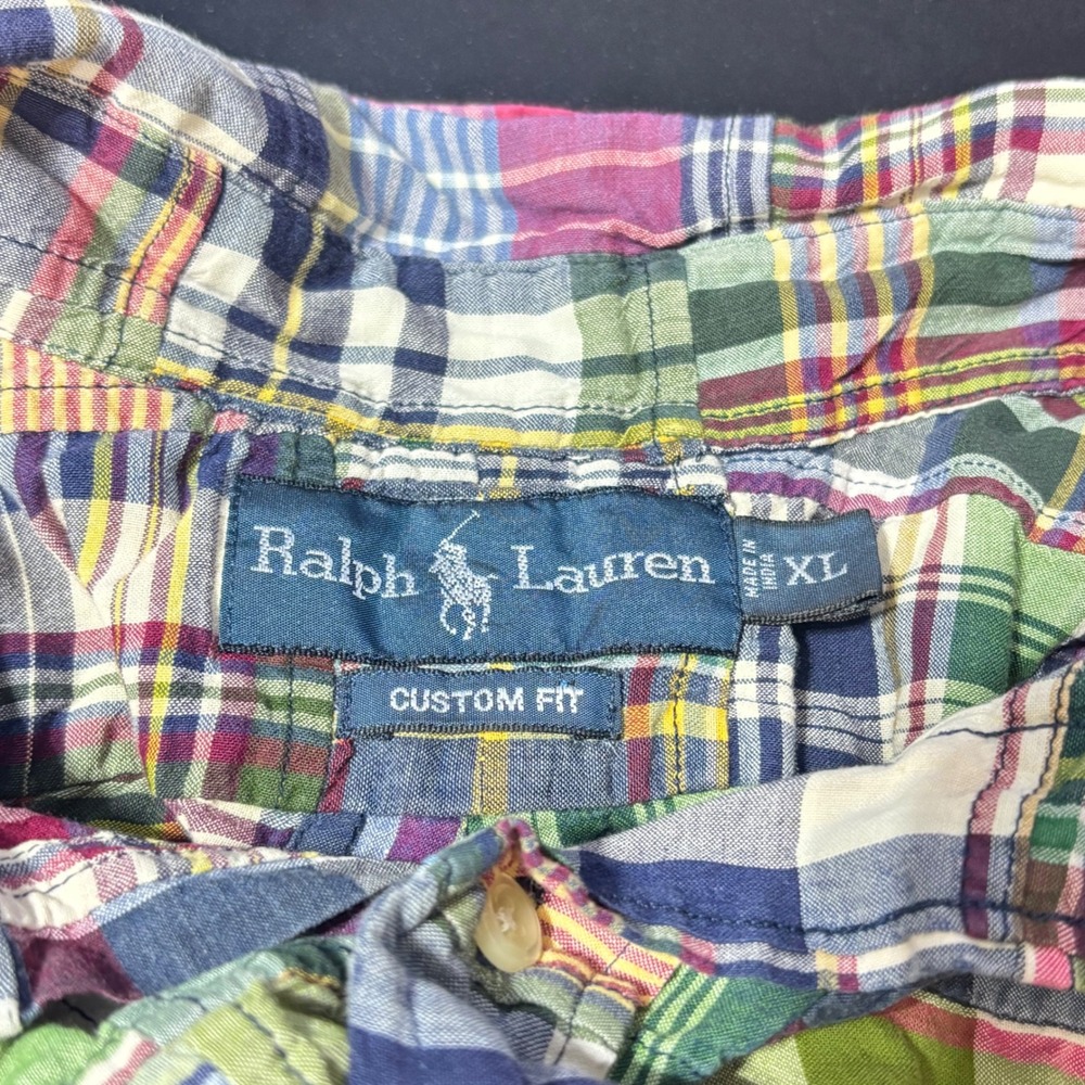 VTG Polo Ralph Lauren Patchwork Button Down Shirt Madras Multicolor Preppy XL - Picture 3 of 12